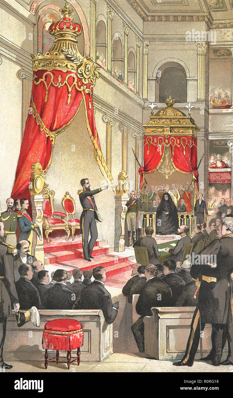 Juramento de Leopoldo II de Bélgica, el Palacio de la Nación (Bruselas), el 17 de diciembre de 1865. Foto de stock