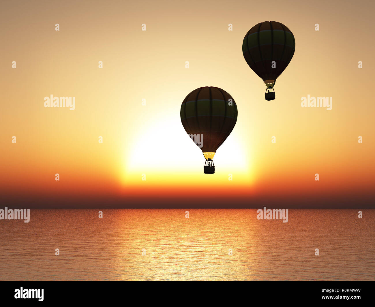 Representación 3D de un hermoso y cálido atardecer con dos globos  aerostáticos en silueta Fotografía de stock - Alamy