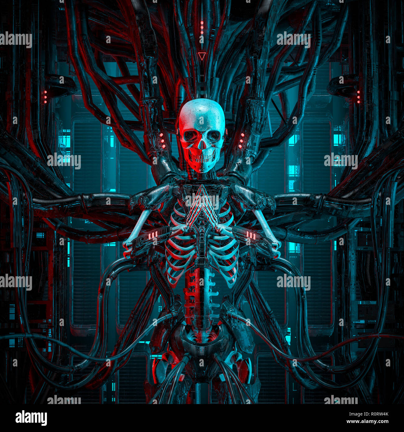 El quantum reaper / 3D ilustración de ciencia ficción android gamer esqueleto humano conectados a ordenador core Foto de stock