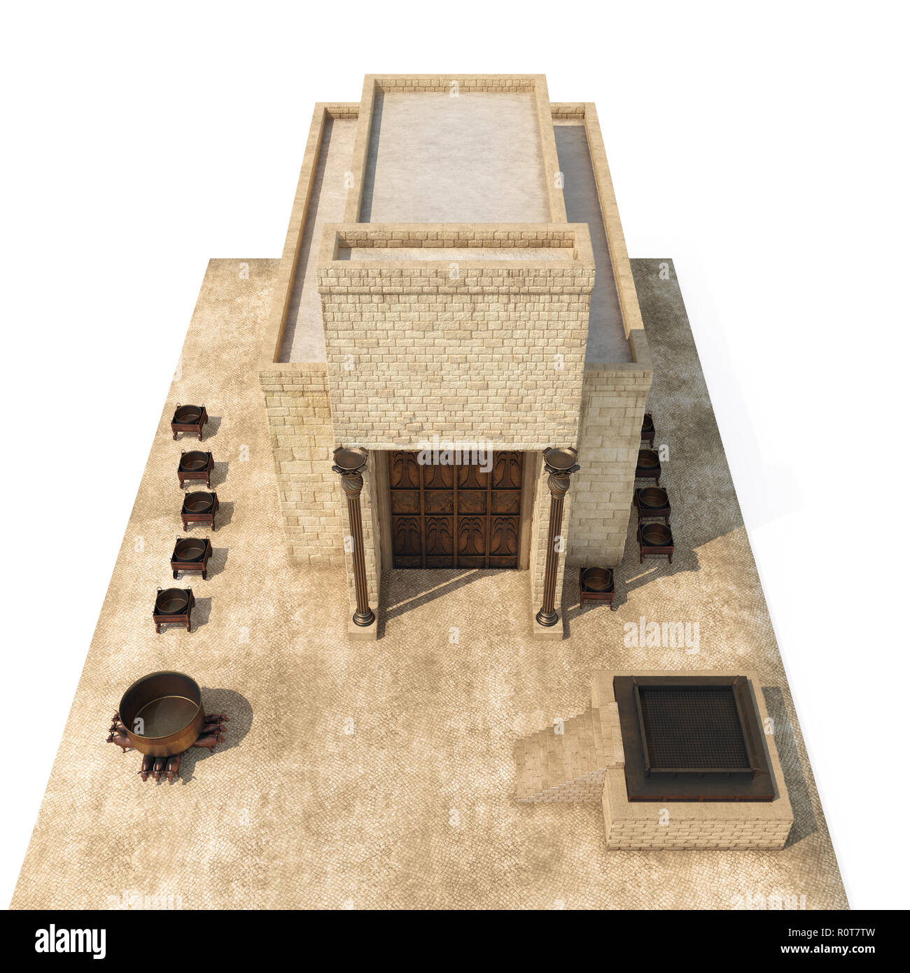 El Templo del Rey Salomón Beit HaMikdash en nombre hebreo con gran cuenca  llamada mar de bronce y el altar de bronce que estaba en blanco.  Ilustración 3D Fotografía de stock -