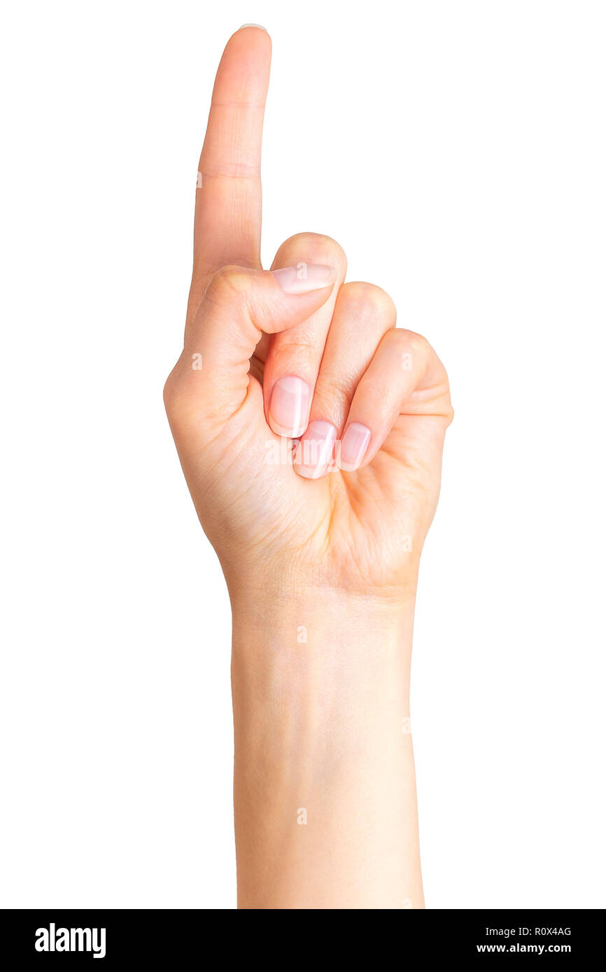 mujer mano con el dedo índice apuntando hacia arriba fotografía de