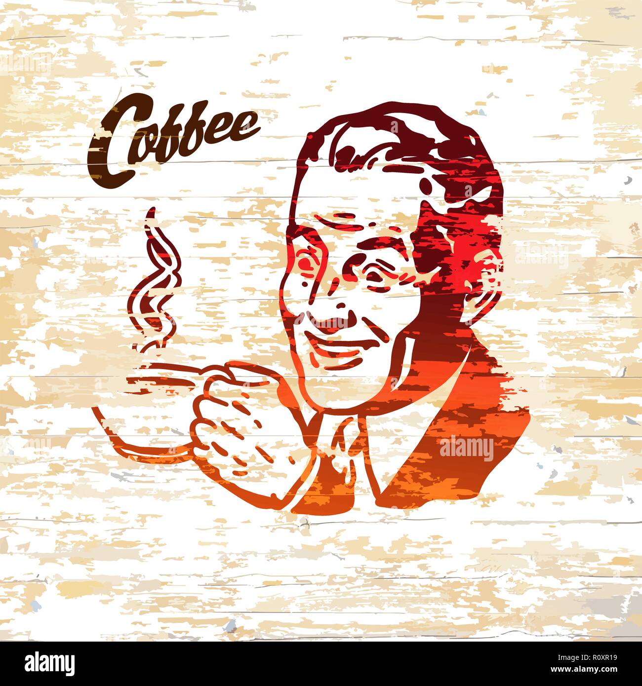 Café Vintage hombres icono en fondo de madera. Ilustración vectorial dibujada a mano. Ilustración del Vector