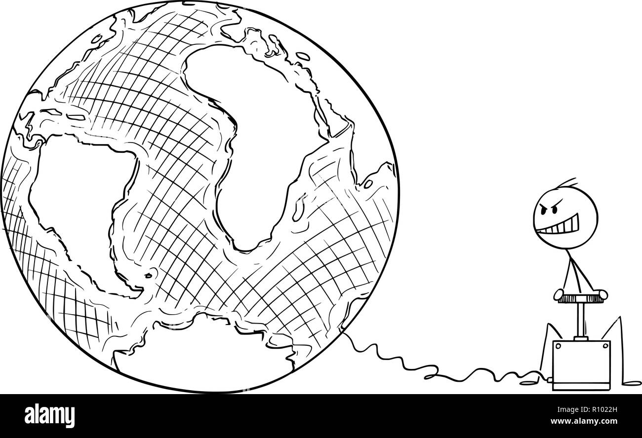 Caricatura de hombre o empresario intentando destruir la tierra o mundo por el explosivo Ilustración del Vector