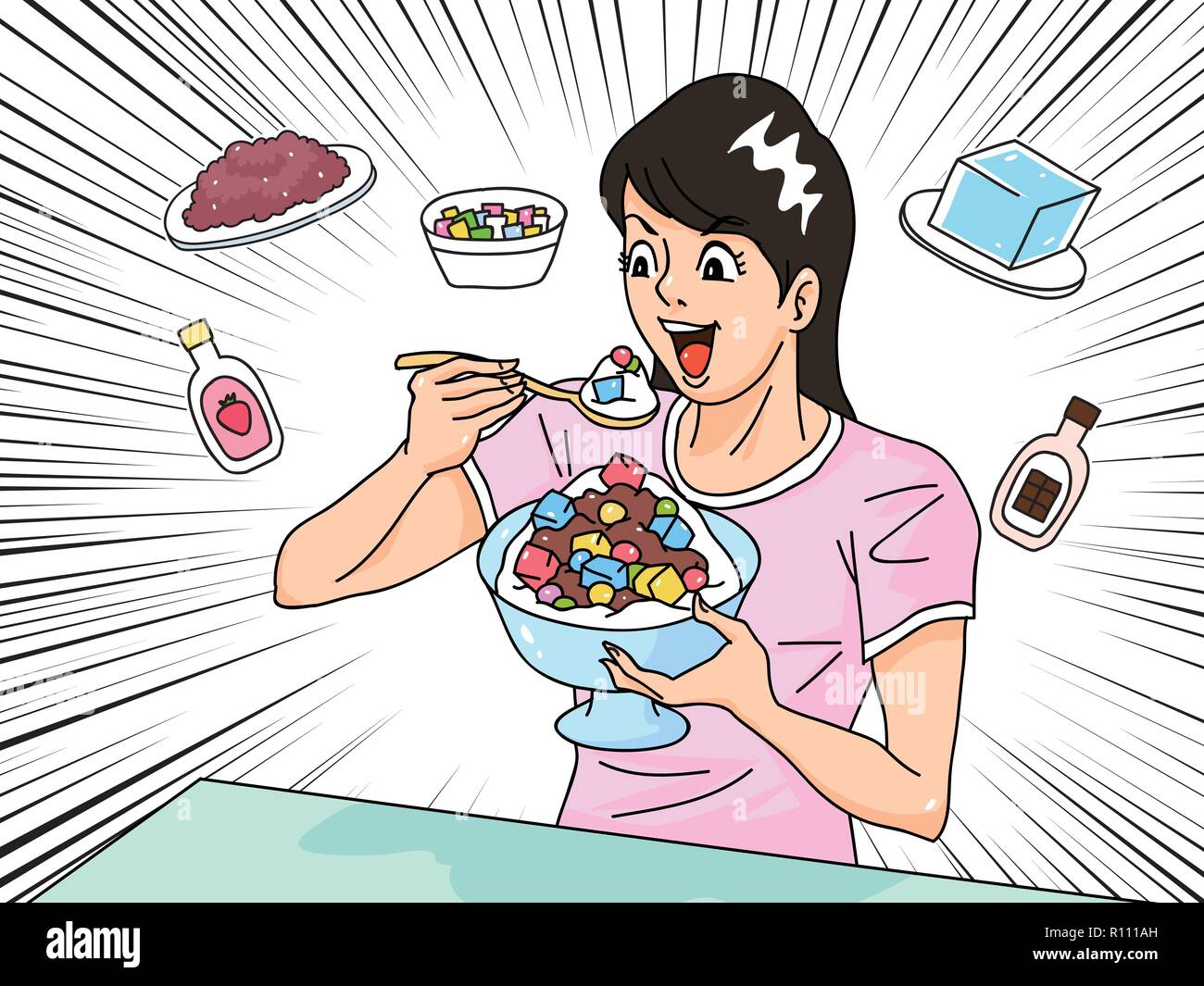 Hombre y mujer comiendo alimentos y el desierto en una tabla del estilo de  dibujos animados ilustración vectorial 006 Imagen Vector de stock - Alamy