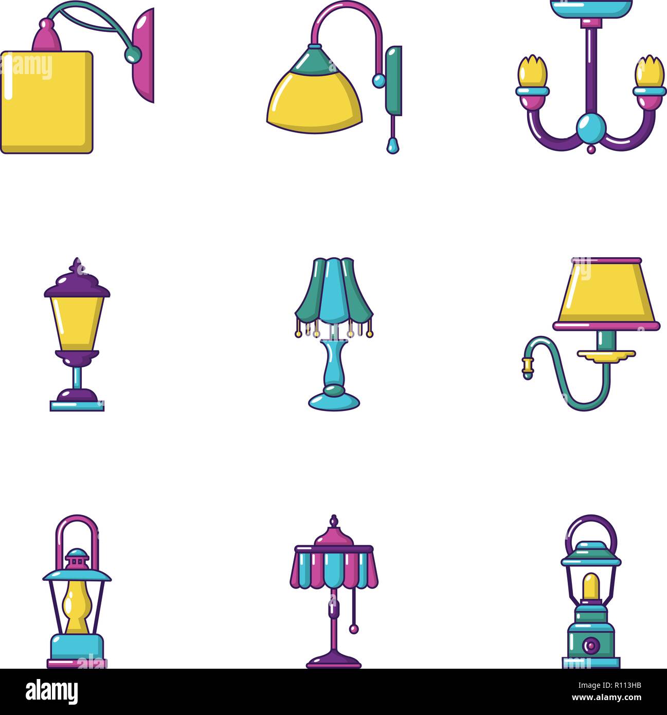 Lámpara de pared, conjunto de iconos de estilo de dibujos animados Imagen  Vector de stock - Alamy