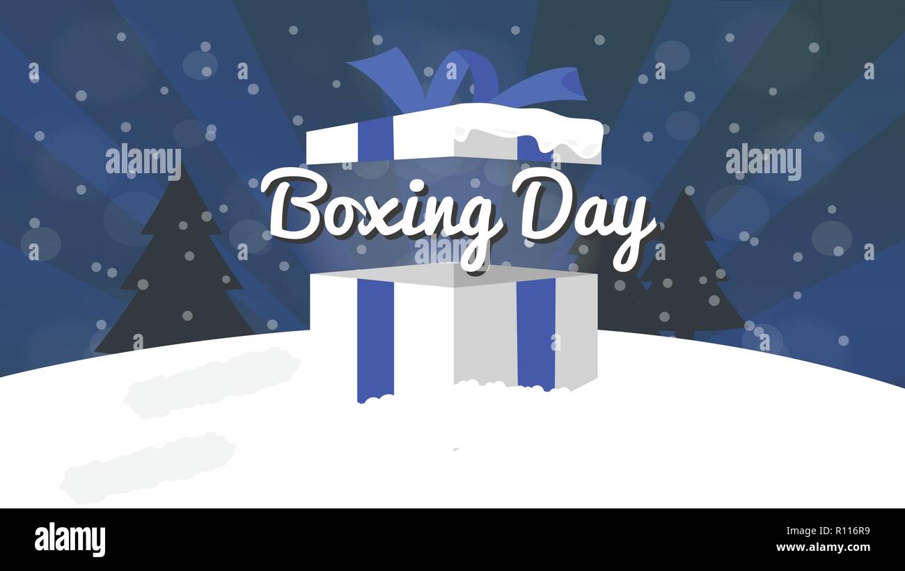 El Boxing Day Venta Diseño con caja de regalo, Nevada, y el efecto bokeh. Ilustración del Vector