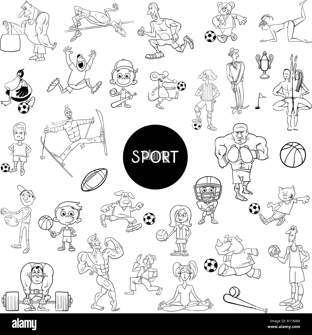 Ilustración caricatura en blanco y negro de gente personajes y disciplinas  deportivas Conjunto grande Imagen Vector de stock - Alamy