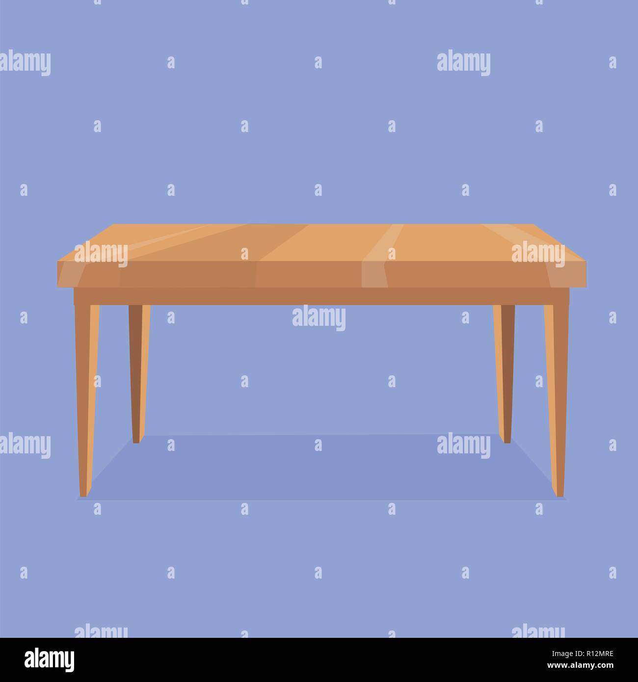 Ilustración vectorial de mesa rectangular de madera sobre fondo violeta con sombra gris. Objeto aislado para la creación de escenas de interiores. Cartoon Ilustración del Vector
