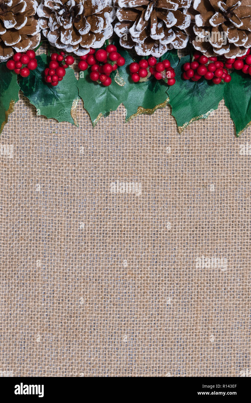 Borde de Navidad, piñas, hojas de acebo y frutos rojos sobre fondo de tela de arpillera rústico Foto de stock