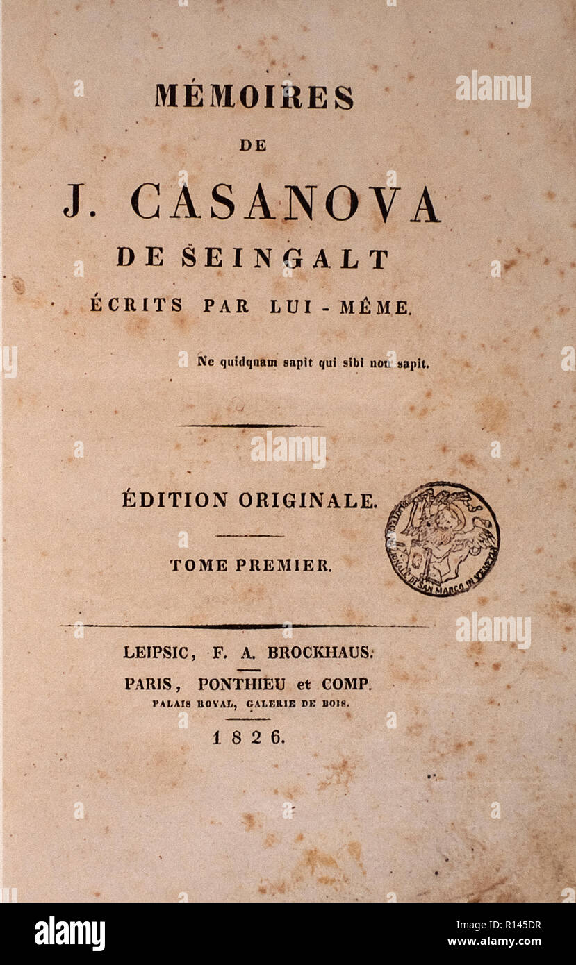 El libro 'Memories de Casanova de Seingalt Ecrits par lui Méme - edición original Venecia Foto de stock