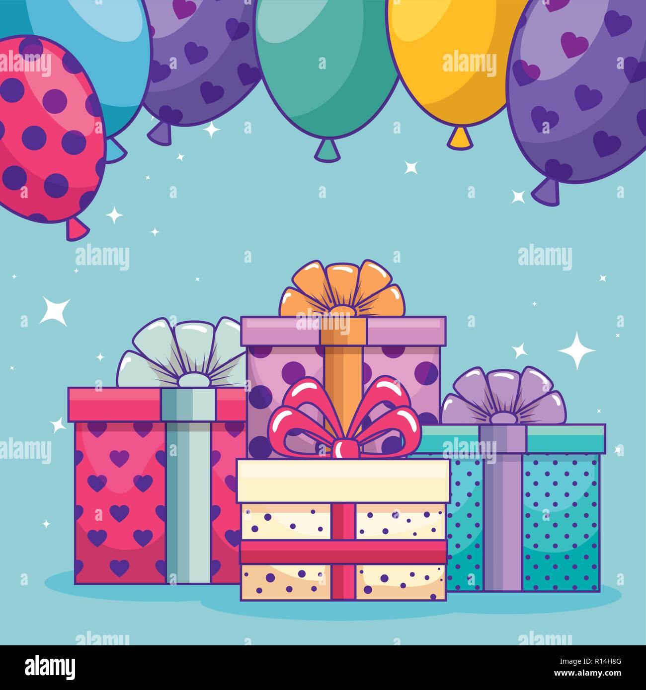 Feliz cumpleaños con regalos regalos y globos Imagen Vector de stock - Alamy