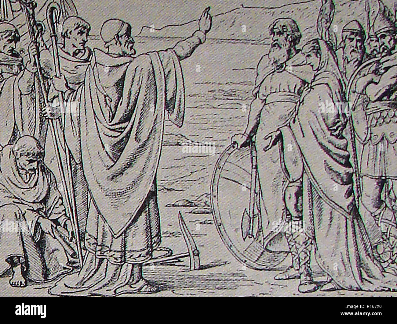 Una vieja ilustración representando San Agustín de anunciar su llegada a Gran Bretaña para el Rey de Kent en 597AD en la isla de Thanet Foto de stock