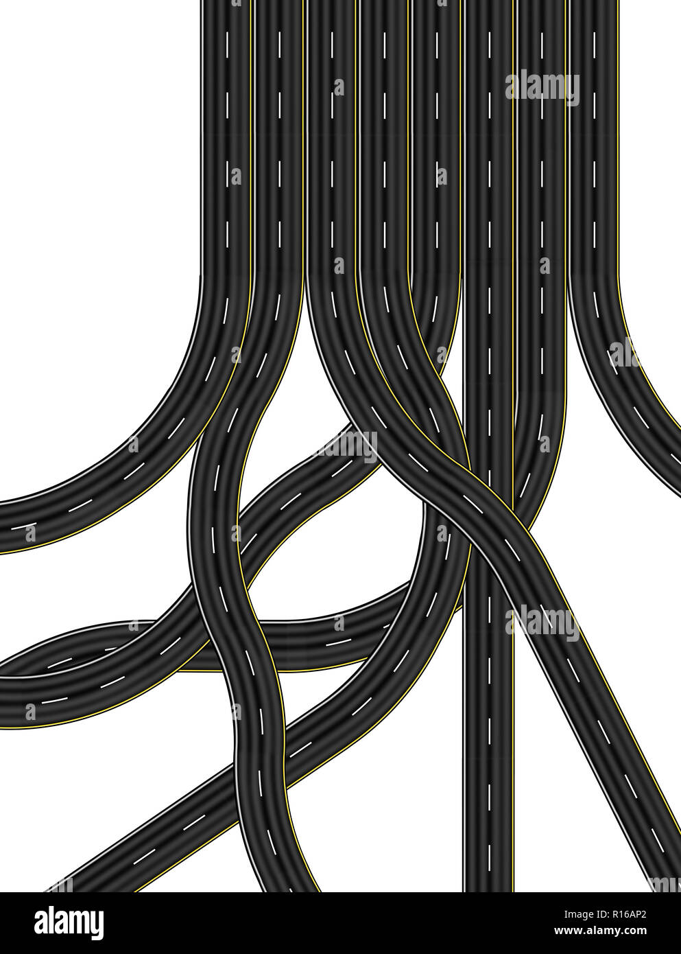 Deslizamiento de las intersecciones y caminos que conducen a la autopista de ocho carriles, imagen digital, vista superior Foto de stock