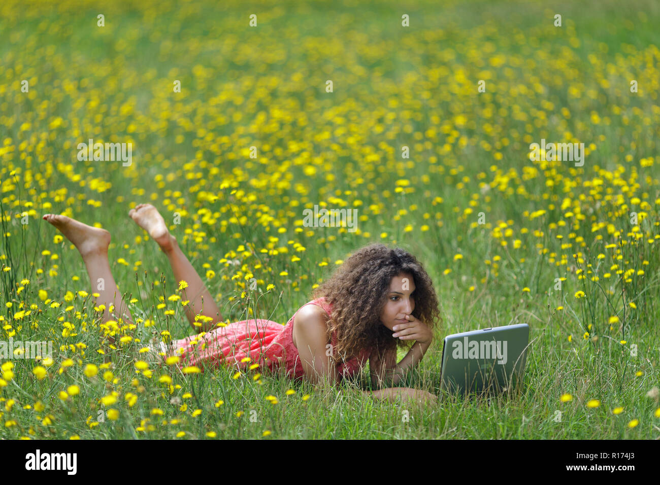 Linda mujer joven con cabello rizado acostado leyendo un libro en un wildflower meadow lleno de coloridas flores amarillas como ella se relaja en la tranquilidad Foto de stock