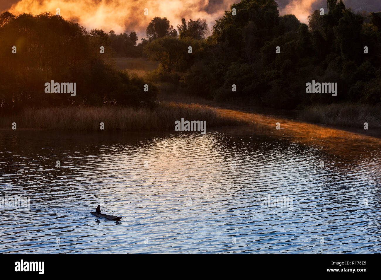 Un pescador de filas a través del lago Zirahuen al amanecer, Michoacán, México. Foto de stock