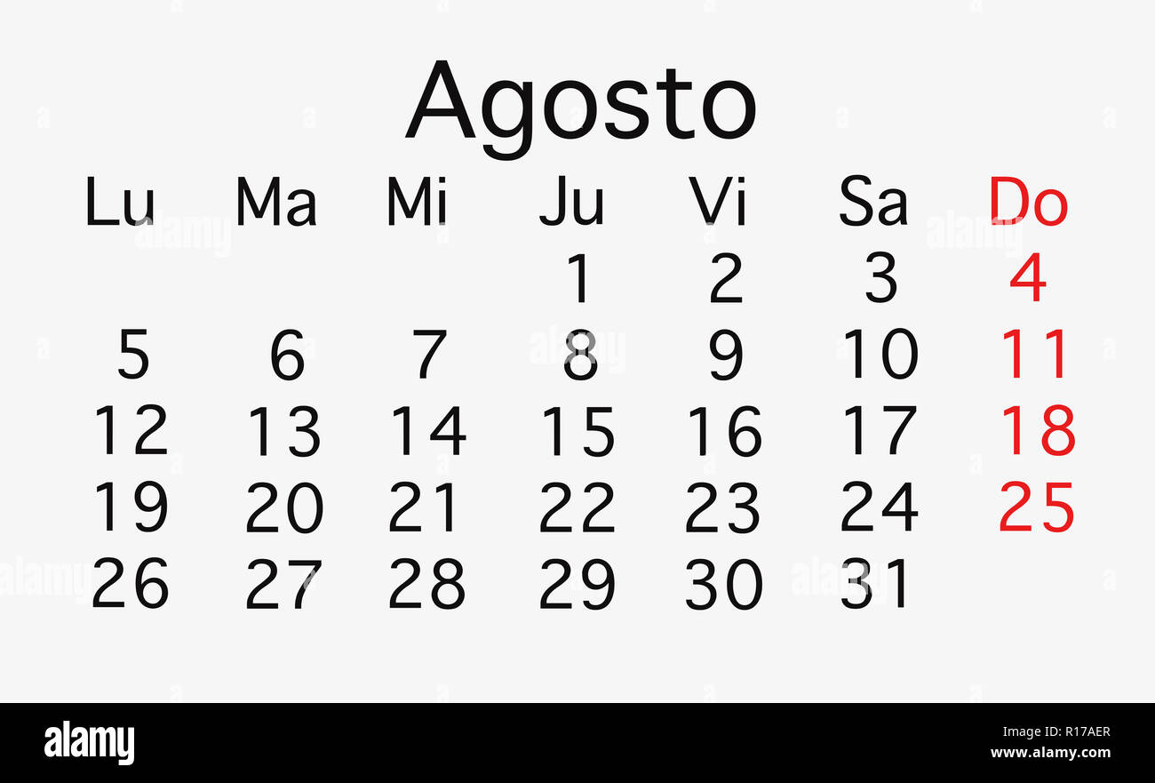 Agosto 2019 calendario de planificación. Vector en colores rojo y negro  Fotografía de stock - Alamy