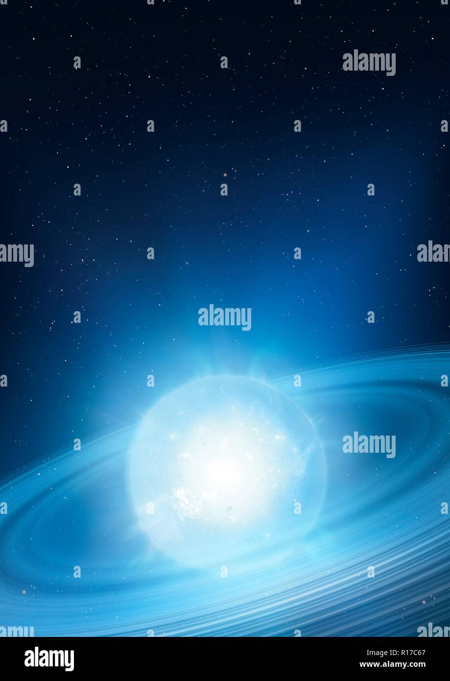Ilustración de la estrella gigante azul HD 37974, en la Gran Nube de Magallanes. Los astrónomos sospechan que está rodeada por un disco de polvo, que se extiende a lo largo de 60 veces la distancia de la órbita de Plutón desde el Sol (unas 3.000 unidades astronómicas, o AU). El disco podría ser un vestigio de formación planetaria, o el comienzo del proceso de creación del planeta. Foto de stock