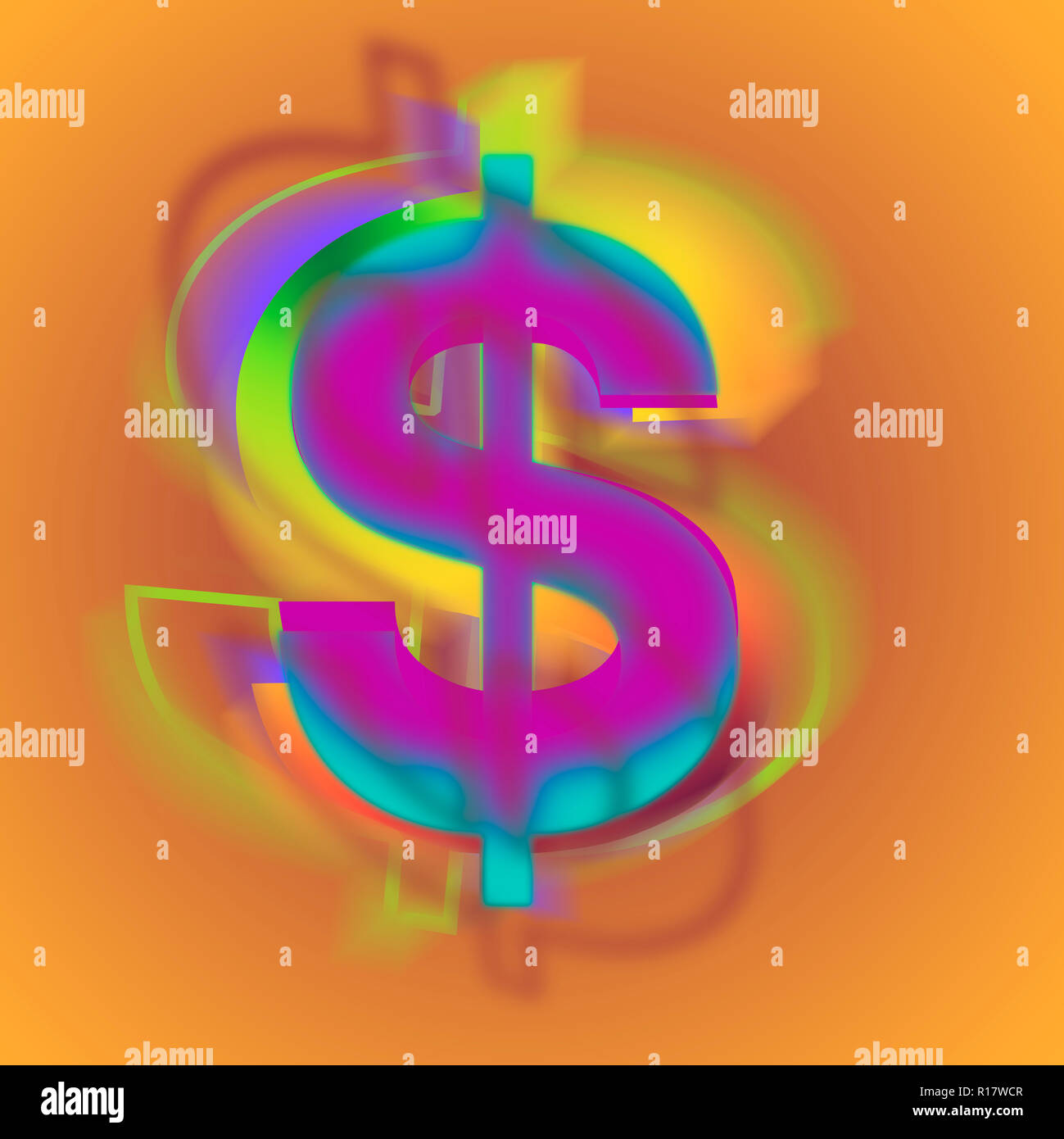 Translúcido psicodélico signo de dólar sobre fondo naranja Foto de stock
