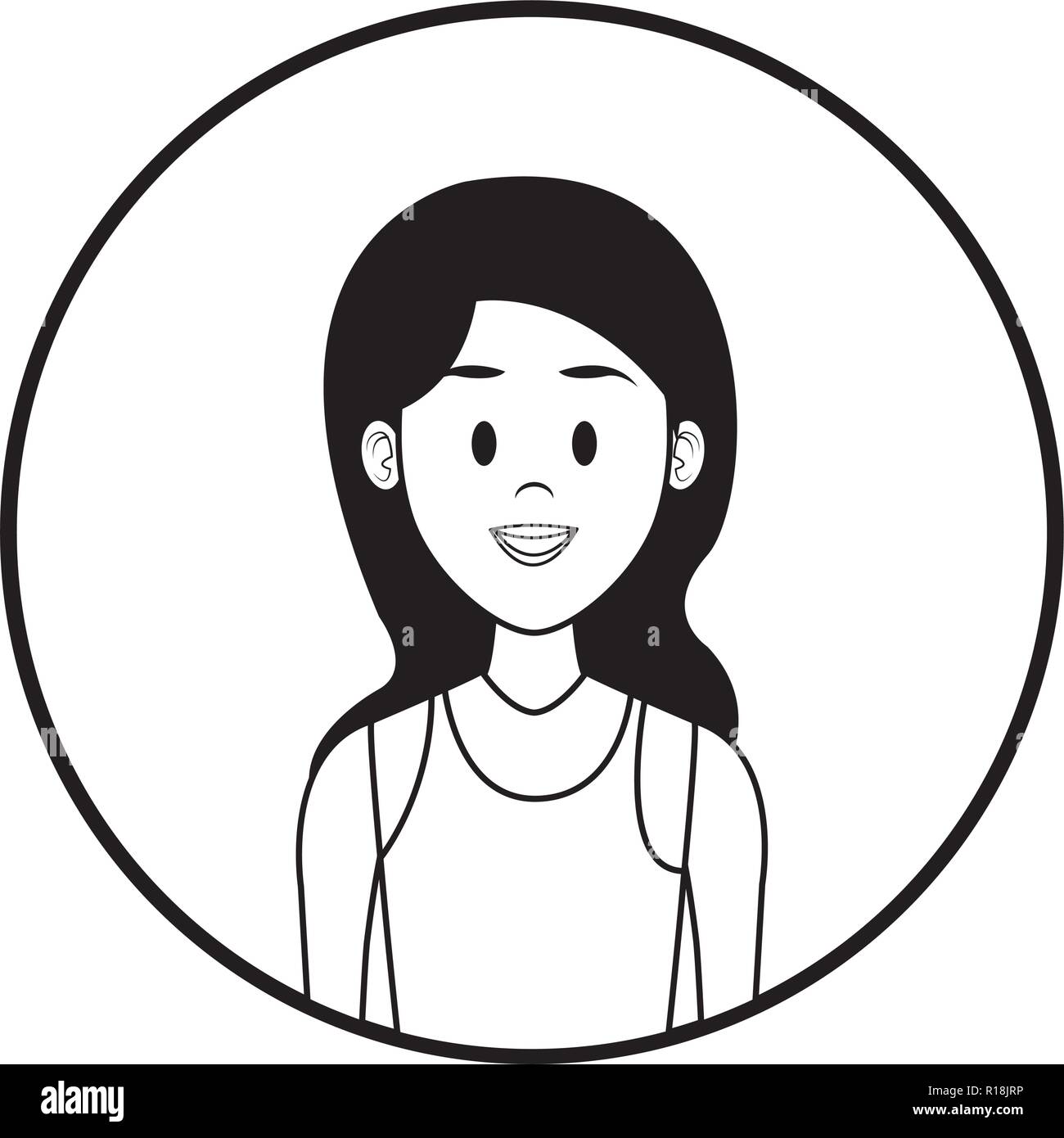 Perfil de mujer cartoon icono redondo en blanco y negro ilustración vectorial diseño gráfico