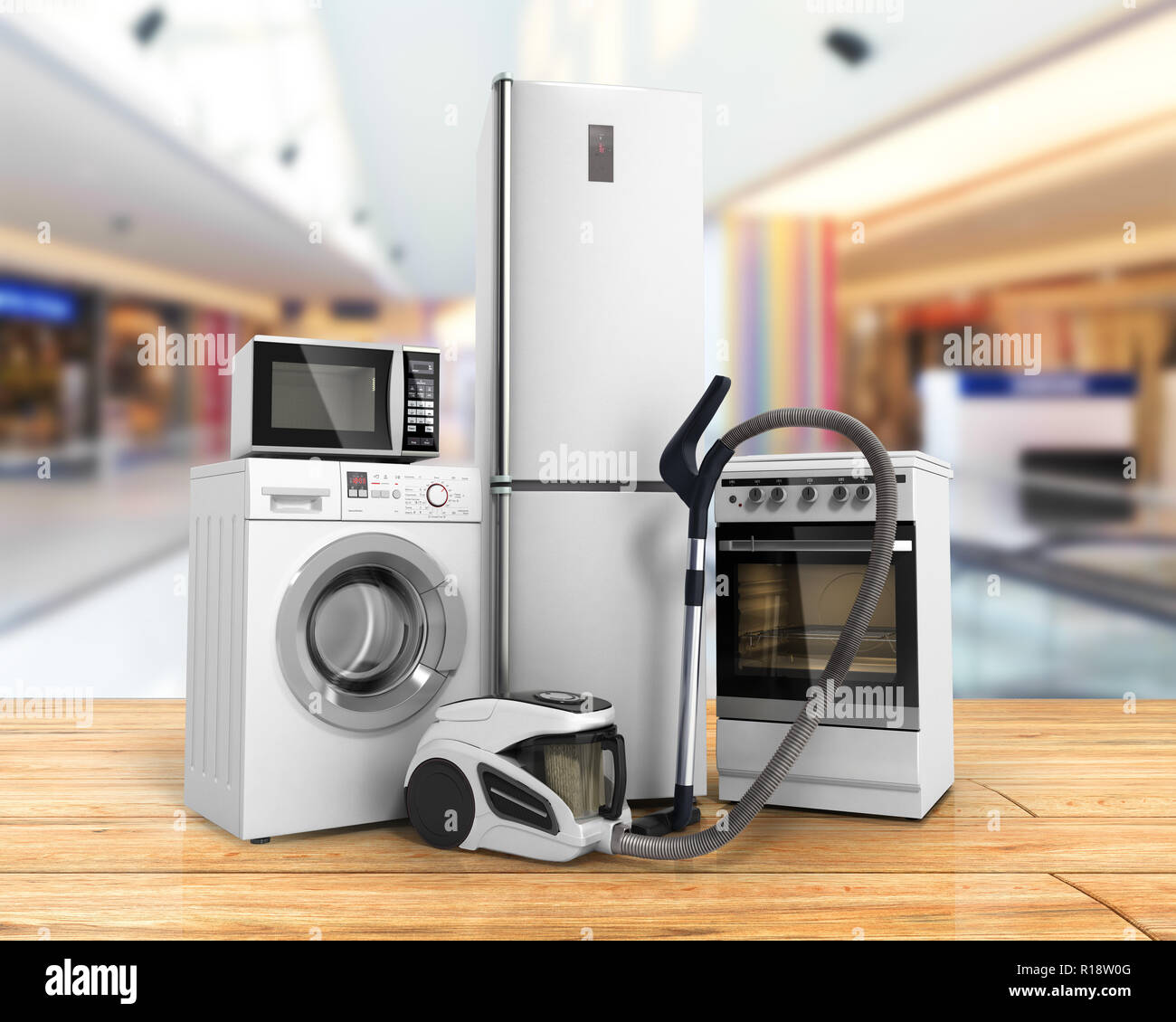 https www alamy es home appliances group de blanco refrigerador estufa lavadora microondas aspiradora sobre madera flor 3d de fondo image224544672 html