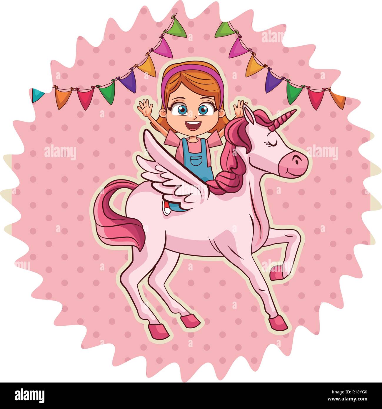 Chica unicornio cartoon sobre fondo de etiqueta redonda ilustración  vectorial diseño gráfico Imagen Vector de stock - Alamy