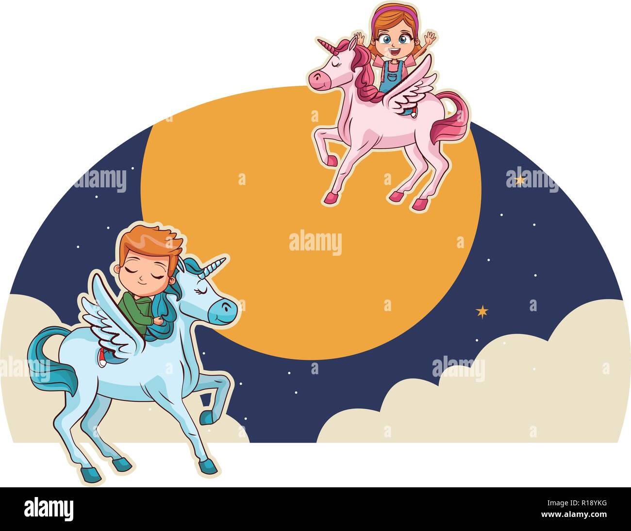 Niño y niña volando con el unicornio en la noche ilustración vectorial  diseño gráfico Imagen Vector de stock - Alamy