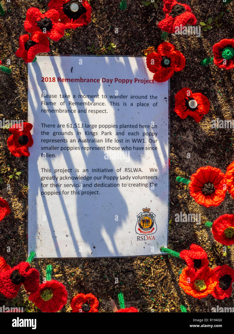 2018 Remembrance Day amapola mostrar Proyecto artesanal de amapola en el Parque Kings Perth Australia Occidental Foto de stock