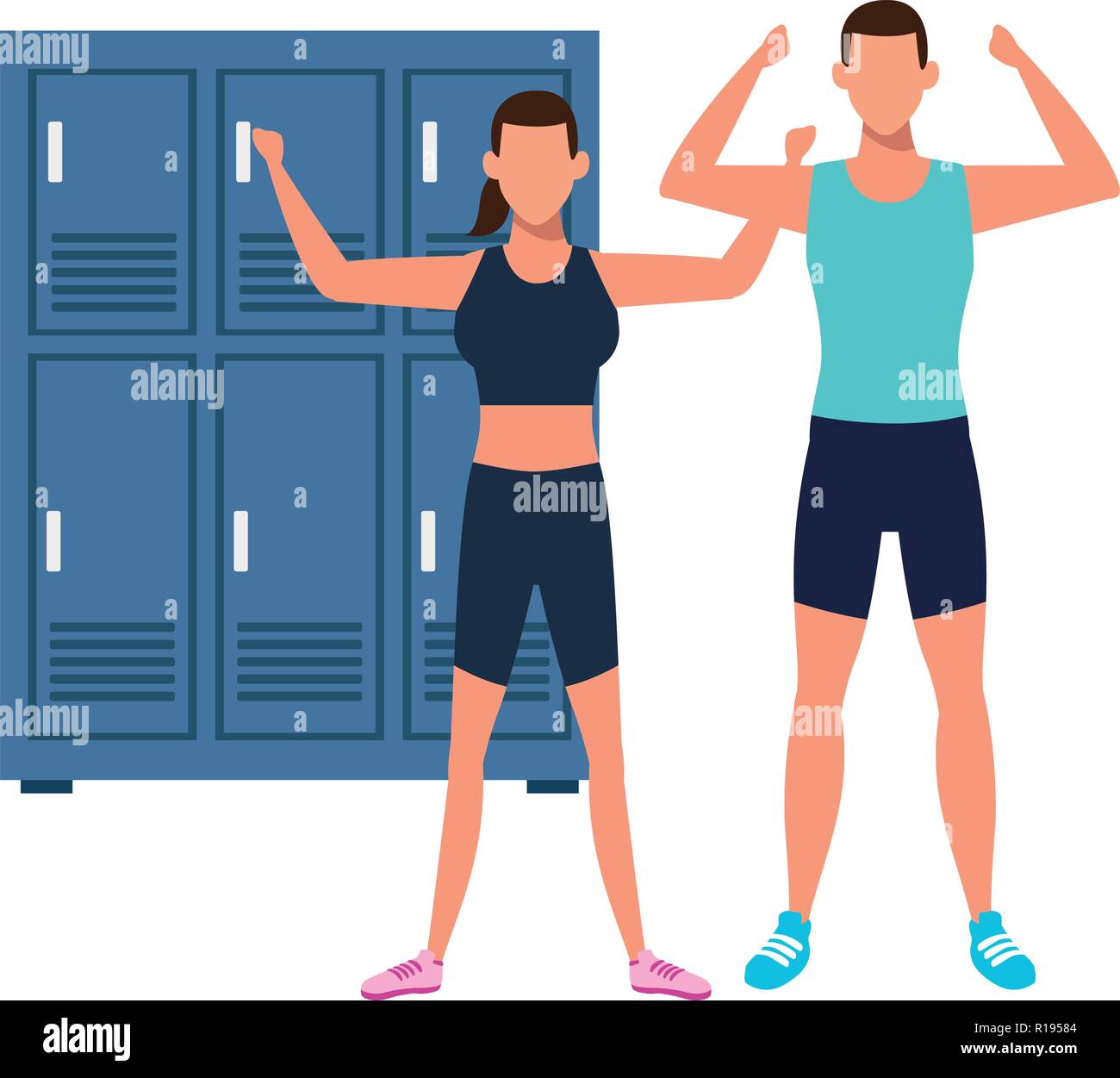 Pareja de Fitness con cuerpos fuertes sobre gimnasio vestuario ilustración  vectorial diseño gráfico Imagen Vector de stock - Alamy