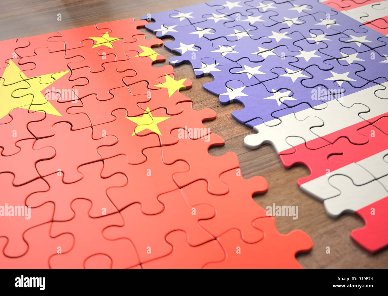 Dos naciones uniendo en un juego de puzzle que representa la unión, la paz, el comercio, el acuerdo social y humano. Foto de stock