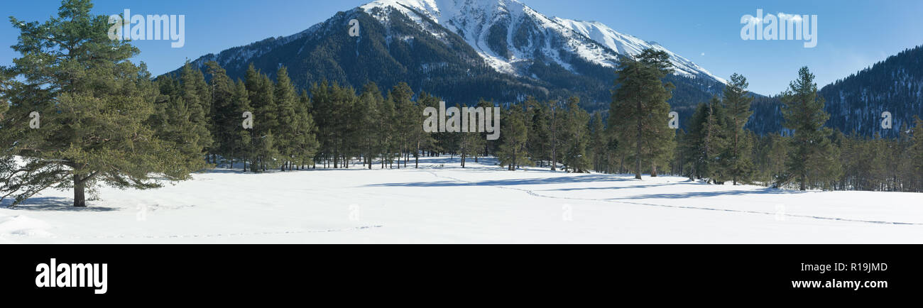 Paisaje invernal de las montañas con nieve en un día claro. El concepto de viaje, vistas panorámicas de picos rocosos y laderas con bosques de coníferas. Foto de stock
