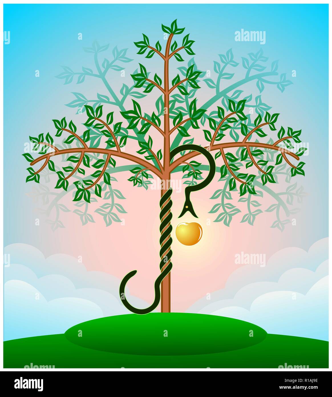 Biblia color árbol del conocimiento con la serpiente y la manzana Ilustración del Vector