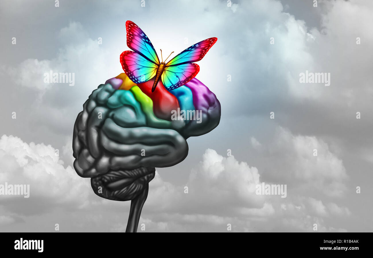Cerebro autista y los síntomas del trastorno de autismo o síndrome de Asperger como un icono de neurología y salud mental concepto diagnóstico del espectro. Foto de stock