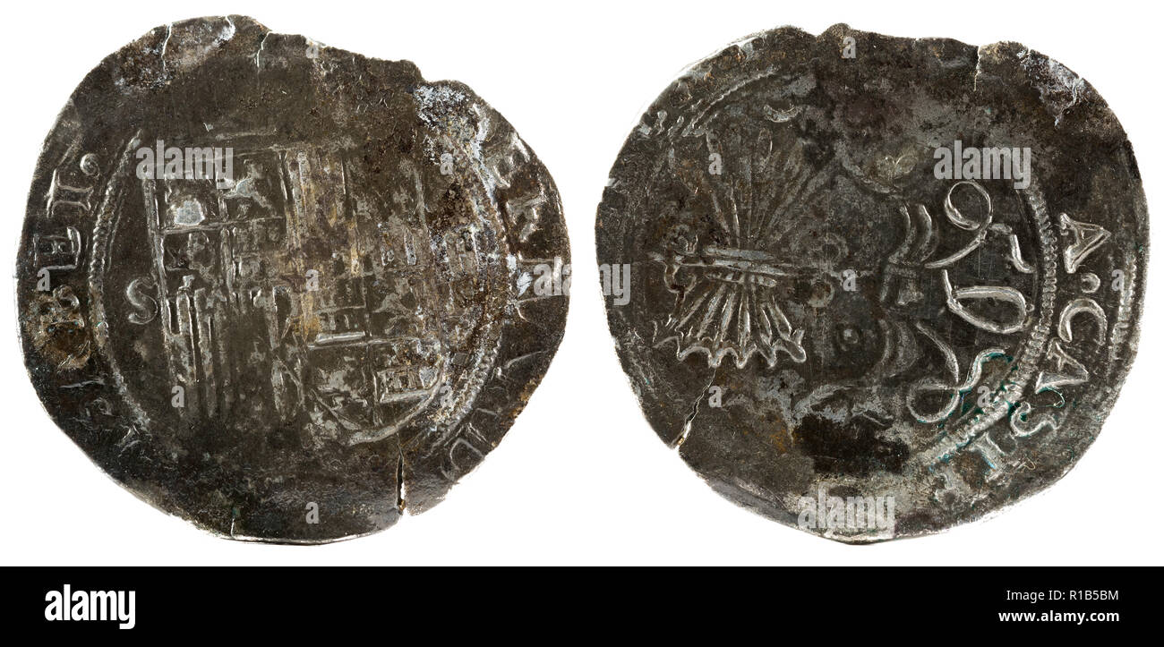 Antigua moneda de plata española de los reyes Fernando e Isabel. Reyes Católicos. Acuñado en Sevilla. 2 reales. Foto de stock