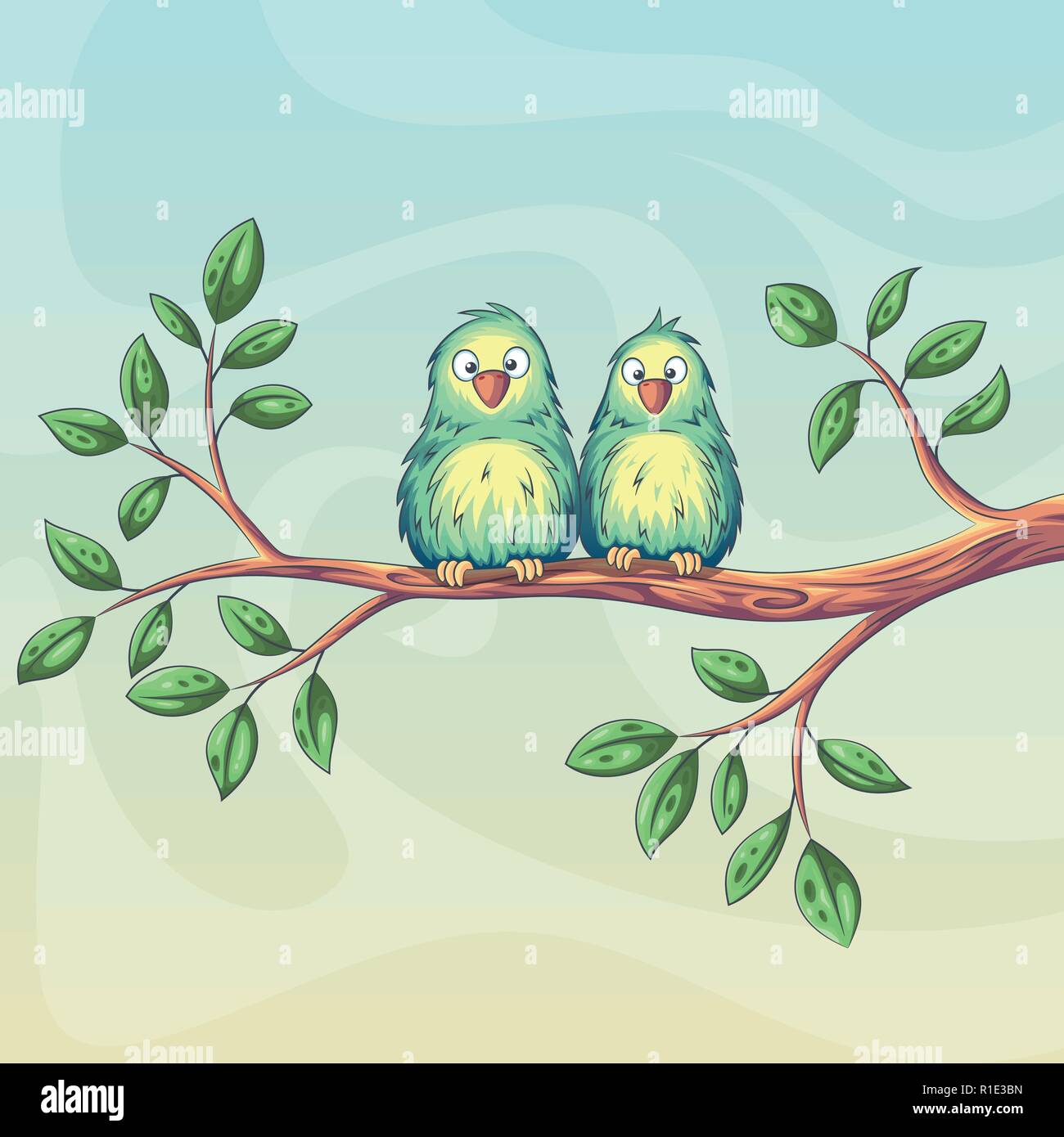 Dos pájaros están sentados en una sucursal Ilustración del Vector