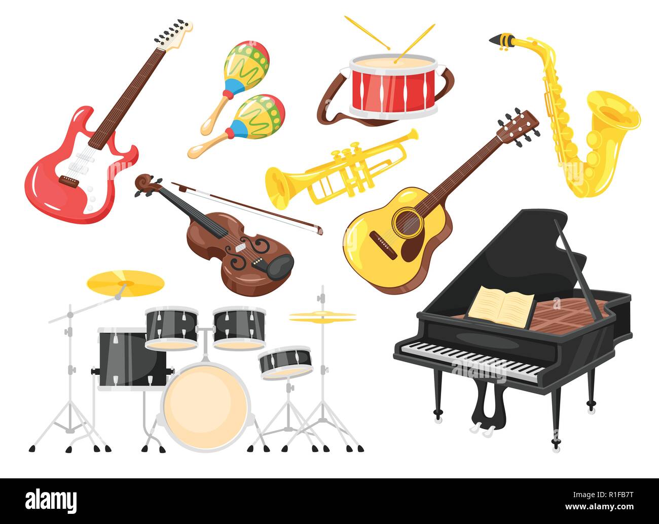 Instrumentos de música para el rendimiento: piano, violín, tambor. Estilo  de dibujos animados, ilustración vectorial aislado sobre fondo blanco  Imagen Vector de stock - Alamy