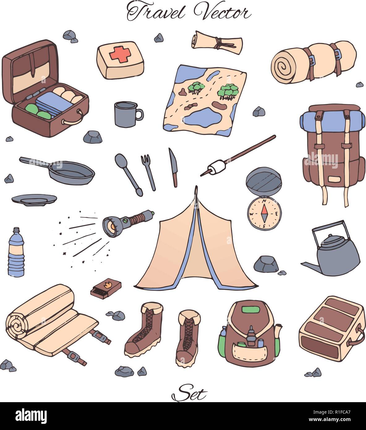 Vector dibujados a mano set de camping con carpa, linterna, mapa, botiquín de primeros auxilios, bolsas, mochilas y bolsas de dormir de esquema. Colección de arte de línea viaje aislado Ilustración del Vector