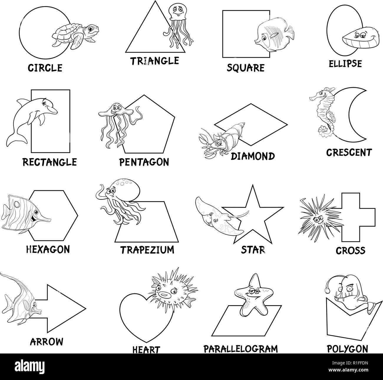 Ilustración de dibujos animados educativos de formas geométricas básicas  con títulos y personajes de animales marinos para niños Imagen Vector de  stock - Alamy