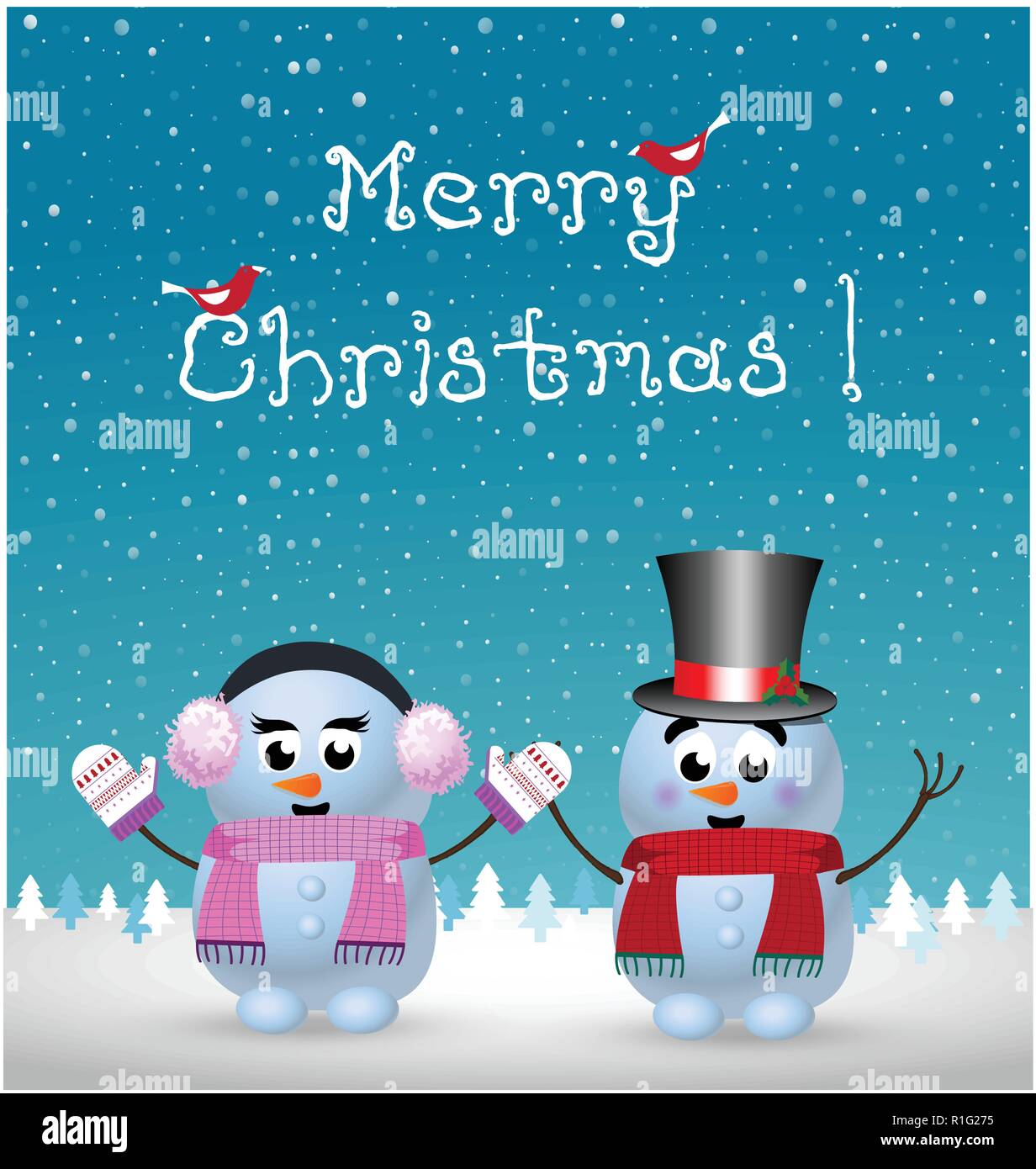 Feliz Navidad Tarjeta De Saludo Kawaii Little Baby Muneco De Nieve Y Snowgirl Tomados De Las Manos En Invierno Paisaje Nevado Fondo De Escena Y Dibujadas A Mano Lette Imagen Vector De