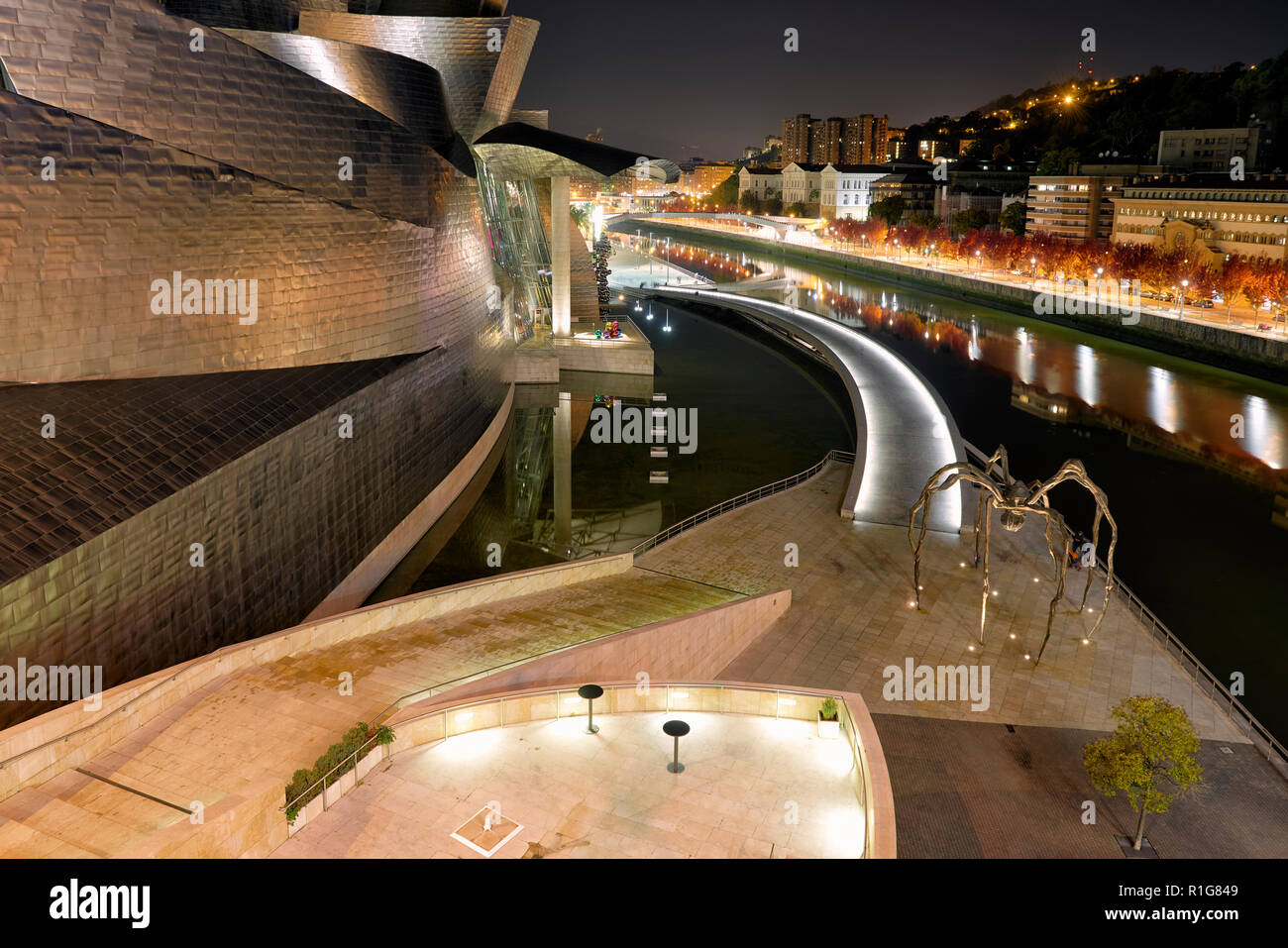 Museo Guggenheim y la Universidad de Deusto en la noche, Bilbao, Vizcaya, País Vasco, España, Europa Foto de stock