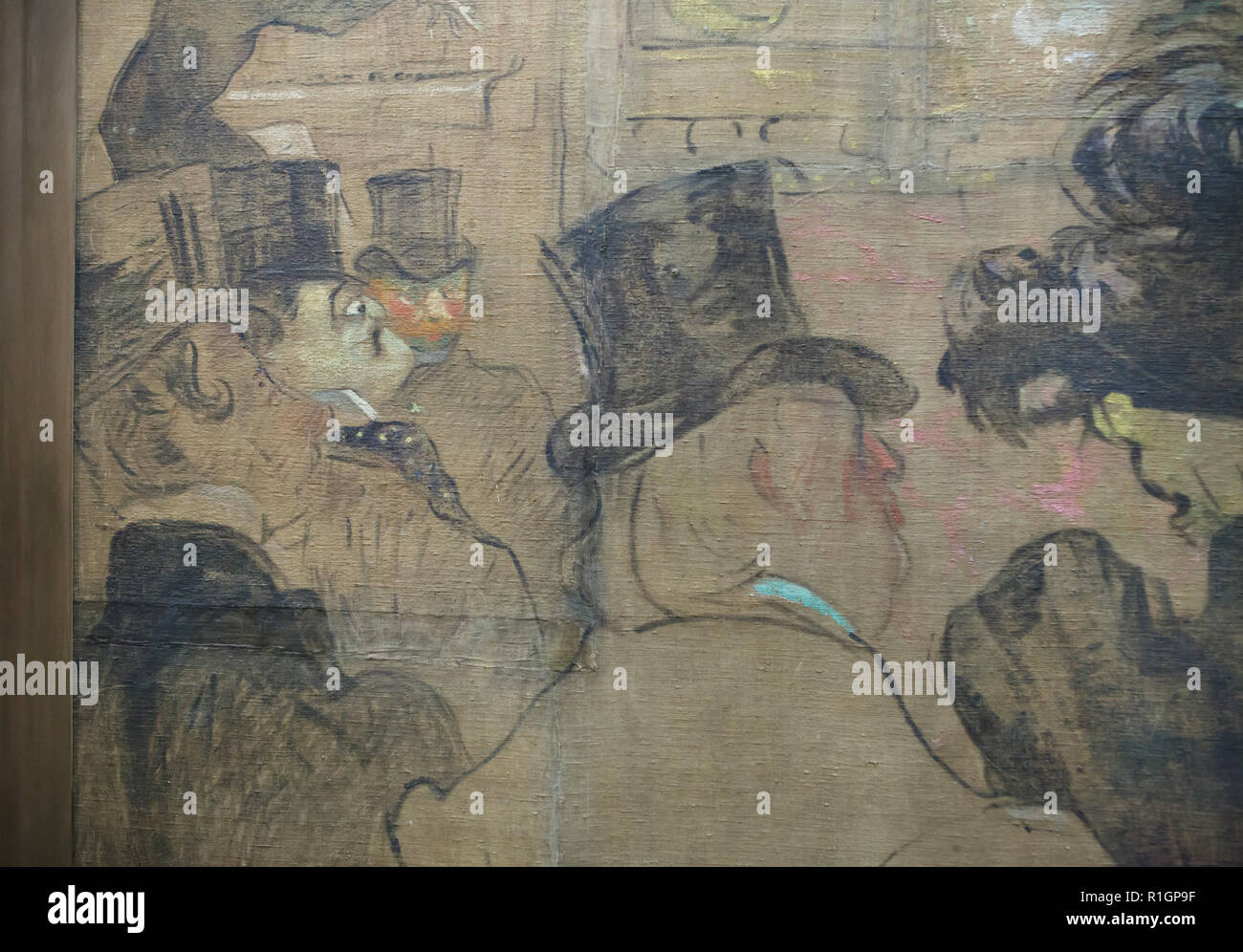 Novelista y poeta irlandés Oscar Wilde representado en la pintura 'Booth de la Goulue en la Foire du Trône' ('Los Moriscos Dance') por el artista postimpresionista francés Henri de Toulouse-Lautrec (1895) en la pantalla en el Musée d'Orsay en París, Francia. Foto de stock