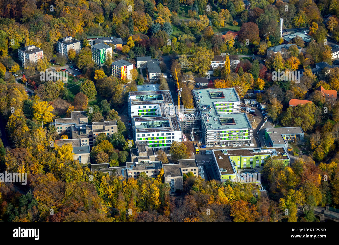 Foto aérea, en el Hospital de LVR Hardt, Grafenberg, State Hospital, trabajo e integración eV, Dusseldorf, Renania, Renania del Norte-Westfalia. Foto de stock