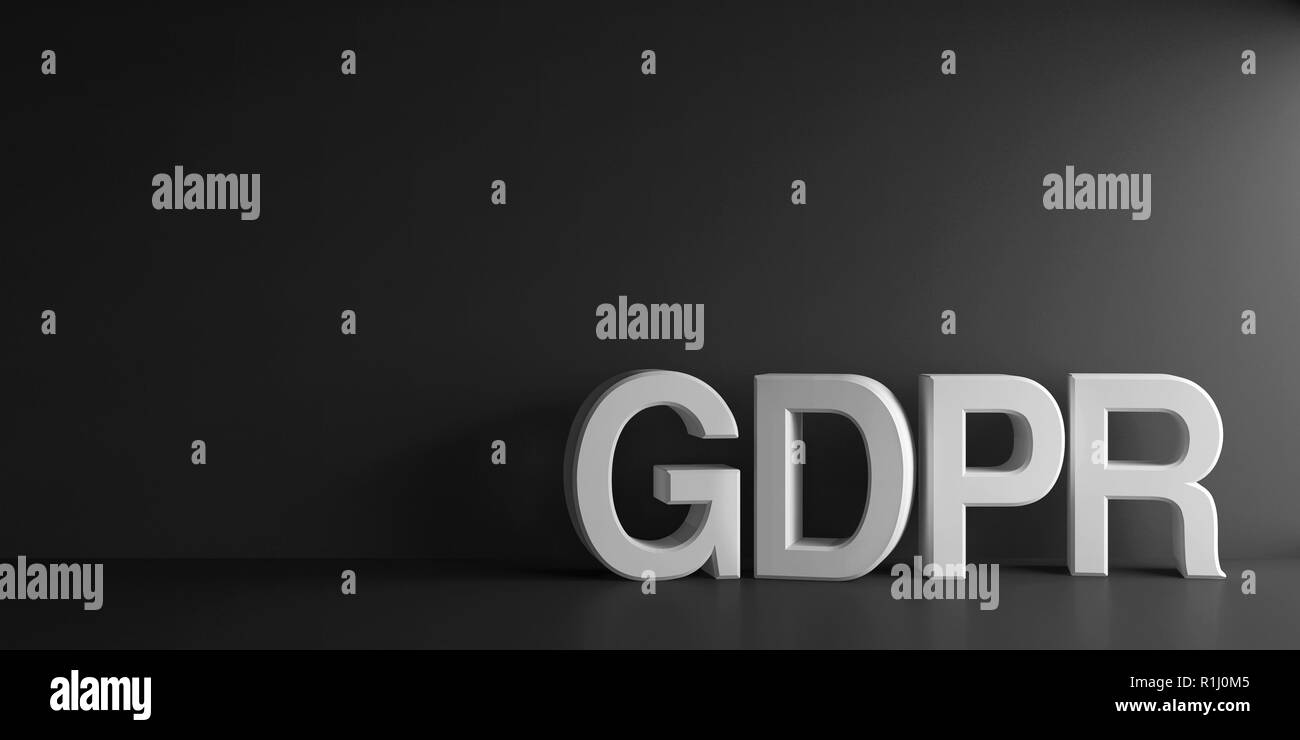 Palabra GDPR blanco - Reglamento General de Protección de Datos - sobre fondo gris oscuro, representación tridimensional, ilustración 3D Foto de stock