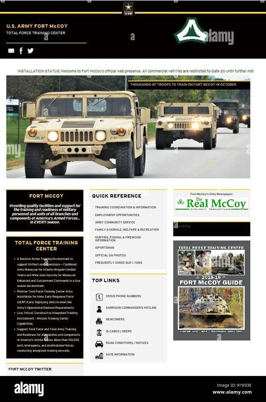 La portada del nuevo Fort McCoy web pública, Foto de stock