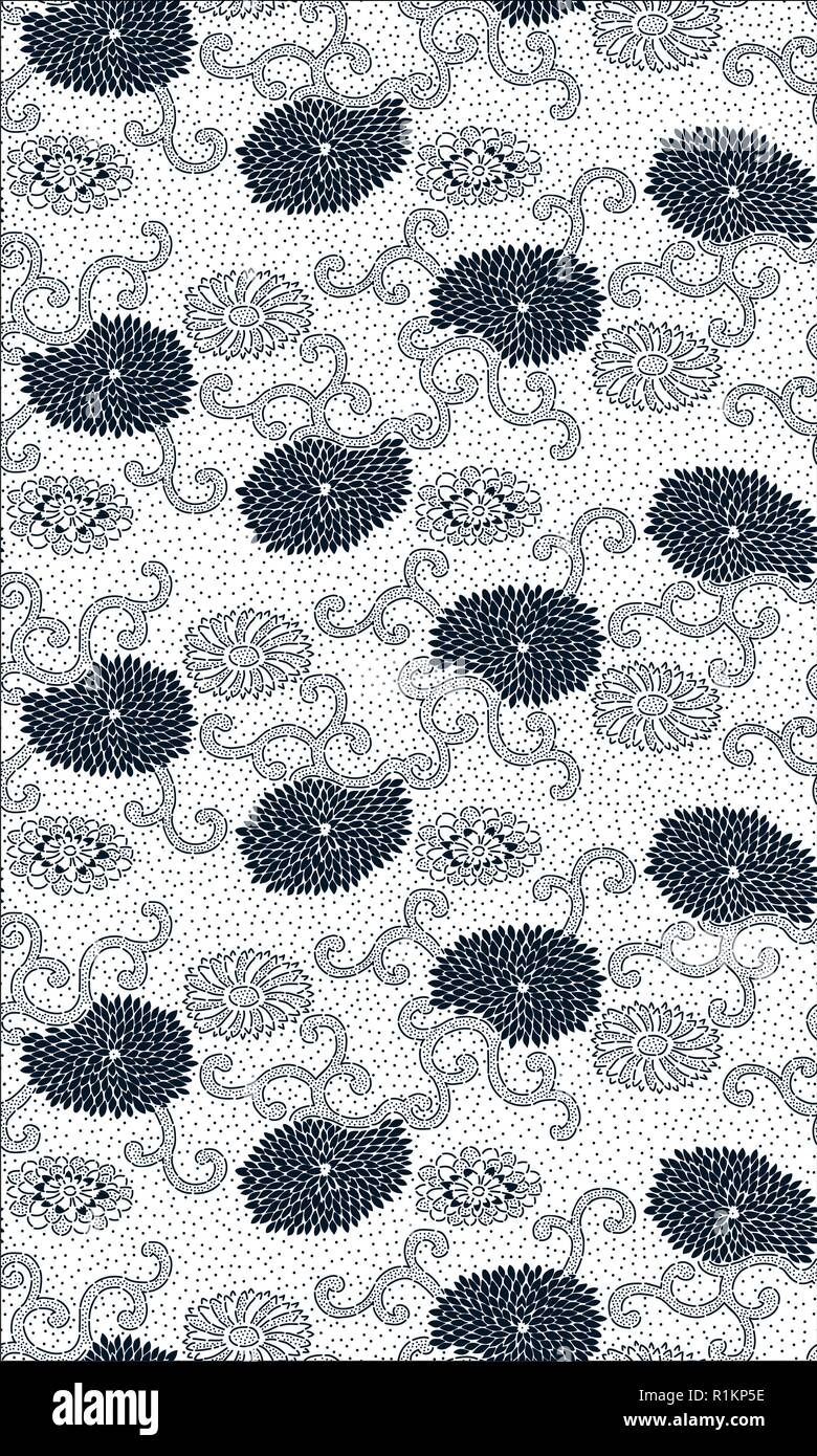 Colorante índigo perfecta impresión en bloque patrón, Motif tradicional japonesa con flores de crisantemo y arabescos. Ecru sobre fondo de color azul marino. Ilustración del Vector