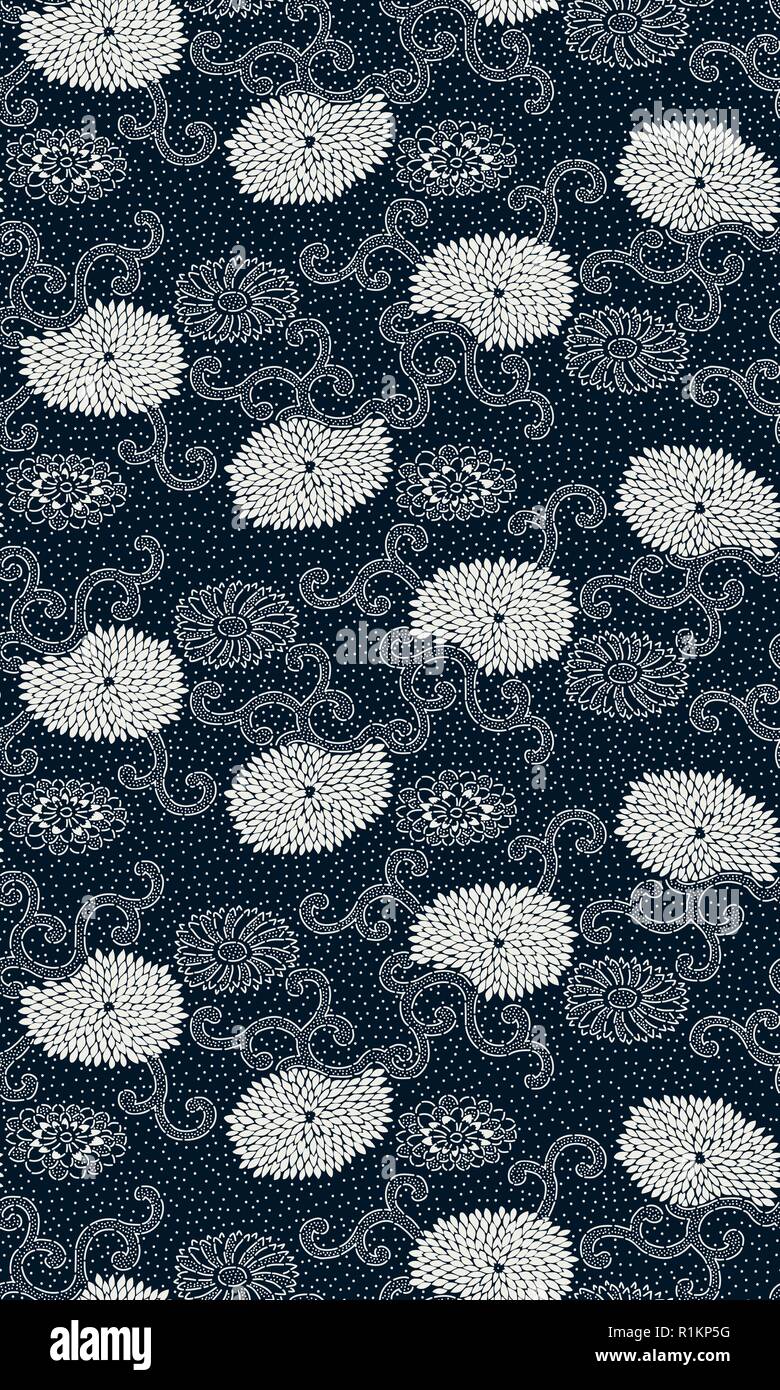 Colorante índigo perfecta impresión en bloque patrón, Motif tradicional japonesa con flores de crisantemo y arabescos. Azul marino sobre fondo de color beige. Ilustración del Vector