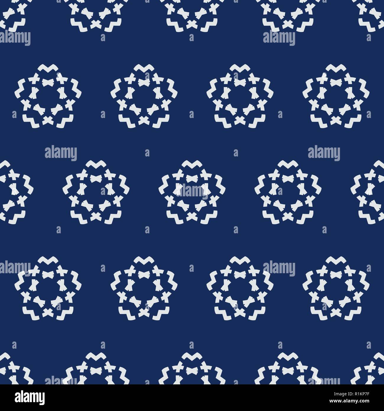 Colorante índigo patrón sin fisuras, motivo geométrico tradicional japonesa con stencil cerezos en flor. Ecru sobre fondo de color azul marino. Ilustración del Vector