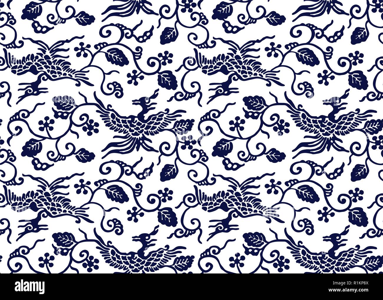 Colorante índigo galería perfecta patrón, motivo tradicional japonés con peonías y flores. Azul marino sobre fondo de color beige. Ilustración del Vector