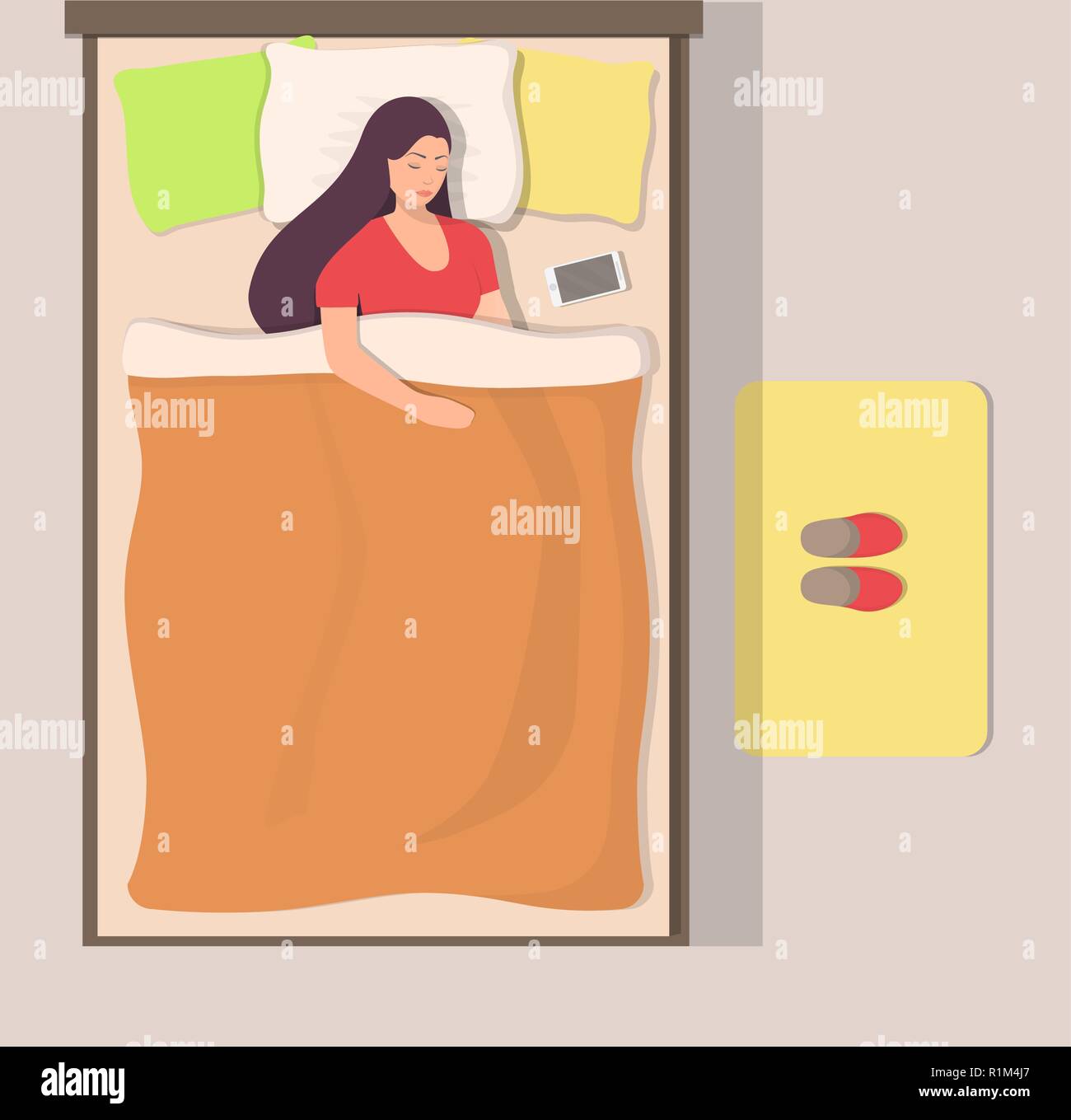 La mujer dormía en su cama, vista desde arriba. Chica duerme