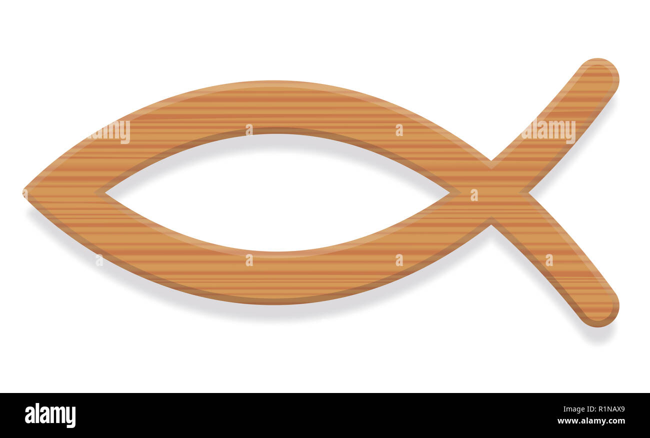 Jesús peces. Símbolo cristiano con textura de madera compuesta de intersección de dos arcos. También llamado ichthys o ichthus, la palabra griega para pescado. Foto de stock