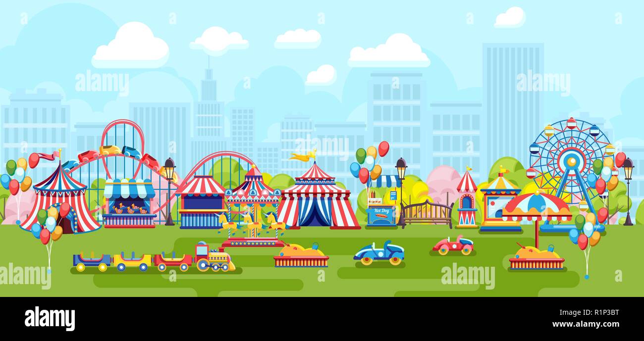 Panorama de dibujos animados con el parque de diversiones de la ciudad  Imagen Vector de stock - Alamy